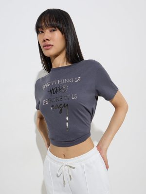 Studiofit Dark Grey Text Design Cotton T-Shirt 