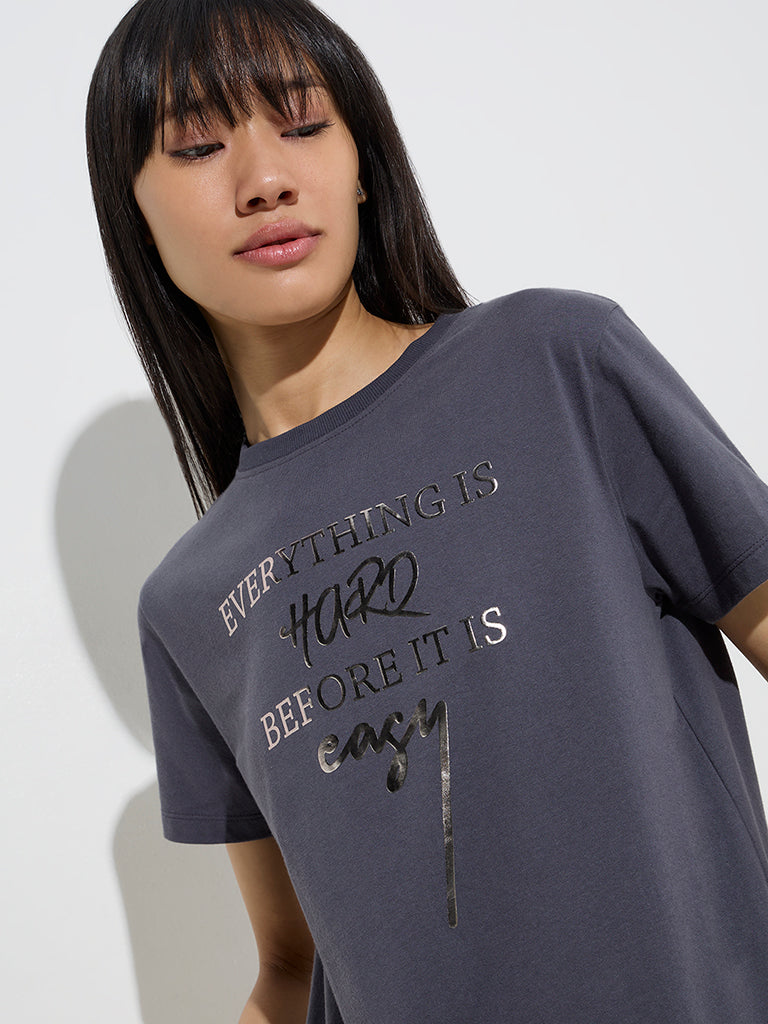 Studiofit Dark Grey Text Design Cotton T-Shirt - Image 2