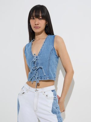 Nuon Blue Bow-Detailed Denim Top