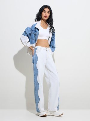 Nuon White Wavy Colour-Blocked Relaxed-Fit High-Rise Jeans