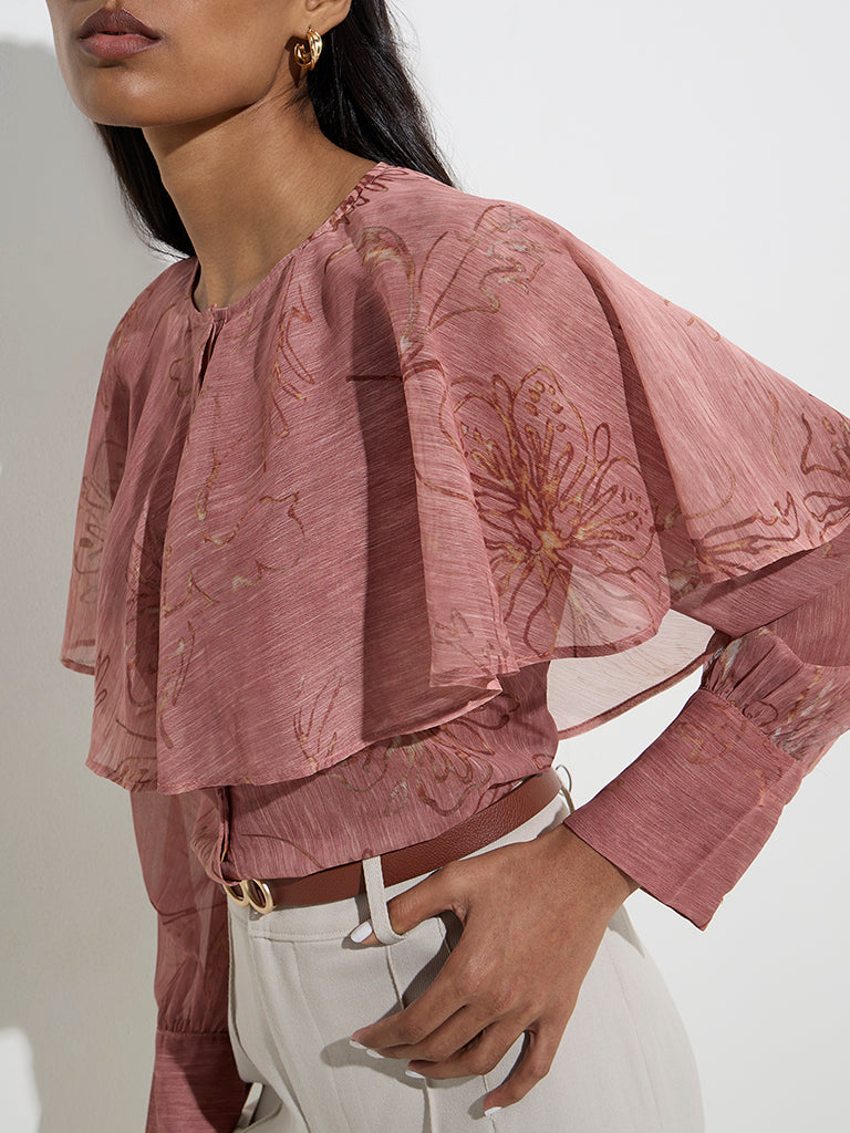 Wardrobe Dusty Pink Floral Design Top with Camisole - Image 2