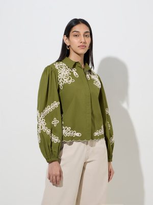 LOV Olive Leaf Embroidered Cotton Shirt