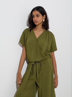 LOV Olive Crinkle-Textured Top
