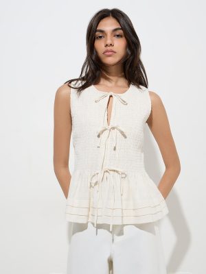 LOV Off-White Smocked Tie-Up Cotton-Blend Top
