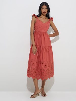 LOV Rust Schiffli Detailed Cotton Tiered Dress