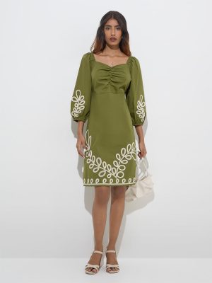 LOV Olive Foliage Embroidered Cotton A-Line Dress