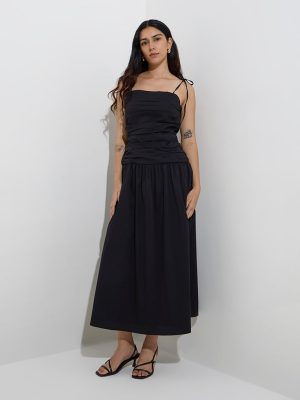 LOV Black Pleated Cotton-Blend Drop-Waist Dress