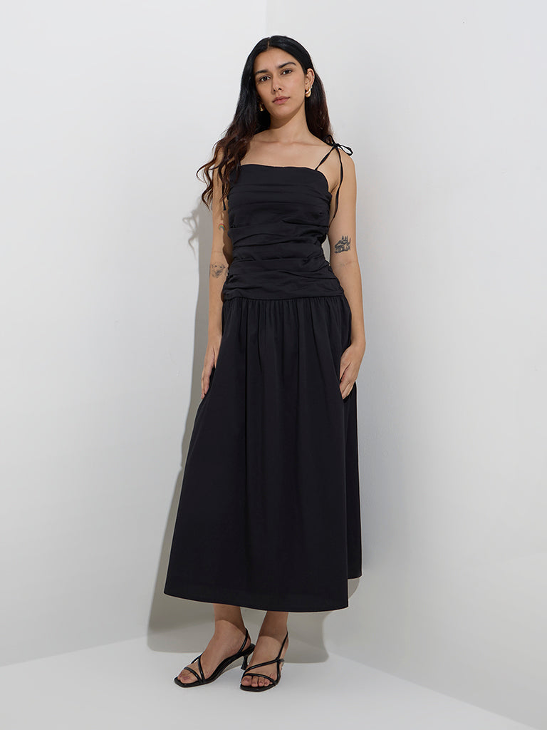 LOV Black Pleated Cotton-Blend Drop-Waist Dress
