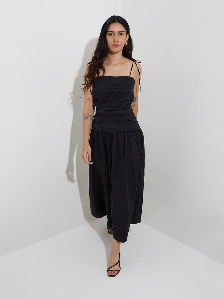 LOV Black Pleated Cotton-Blend Drop-Waist Dress - Image 3
