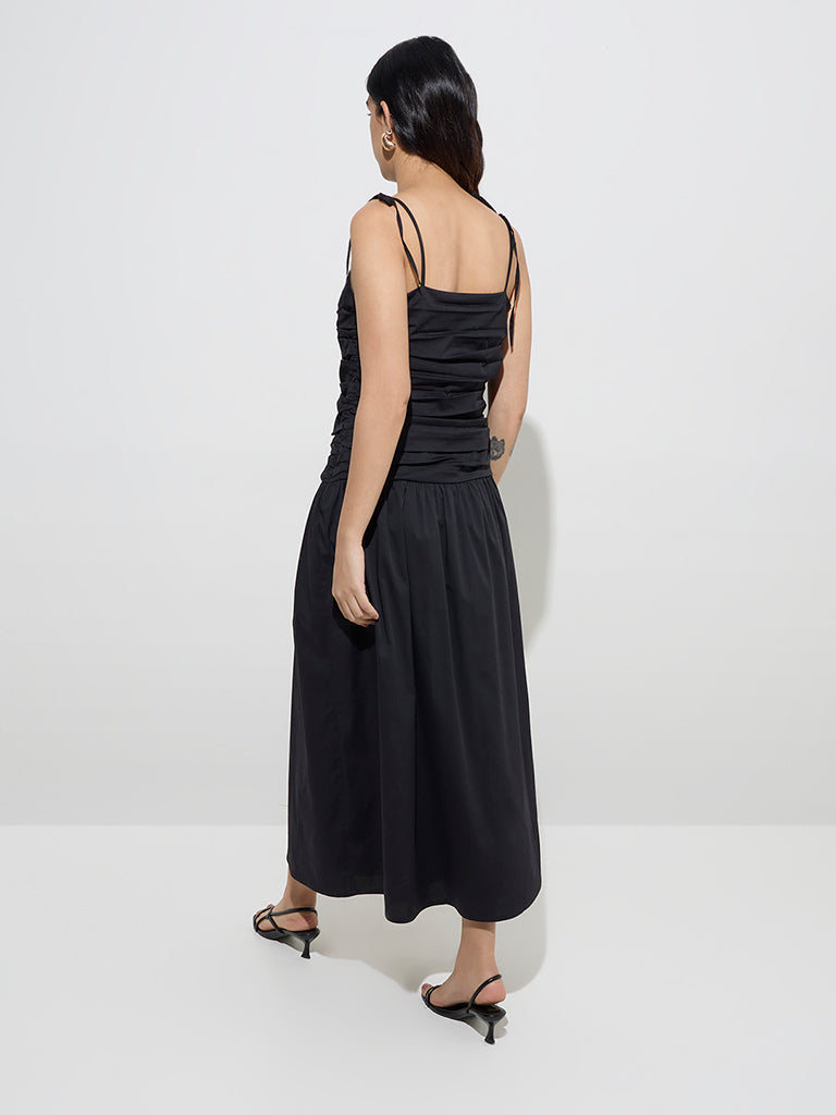 LOV Black Pleated Cotton-Blend Drop-Waist Dress - Image 4