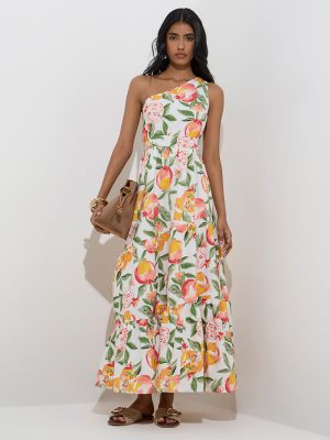 LOV White Botanical Design One-Shoulder Dress