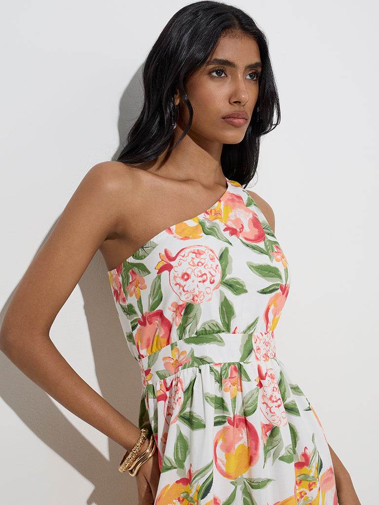 LOV White Botanical Design One-Shoulder Dress - Image 2