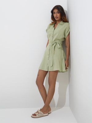 LOV Sage Stripe Patterned Cotton-Blend Shirt Dress