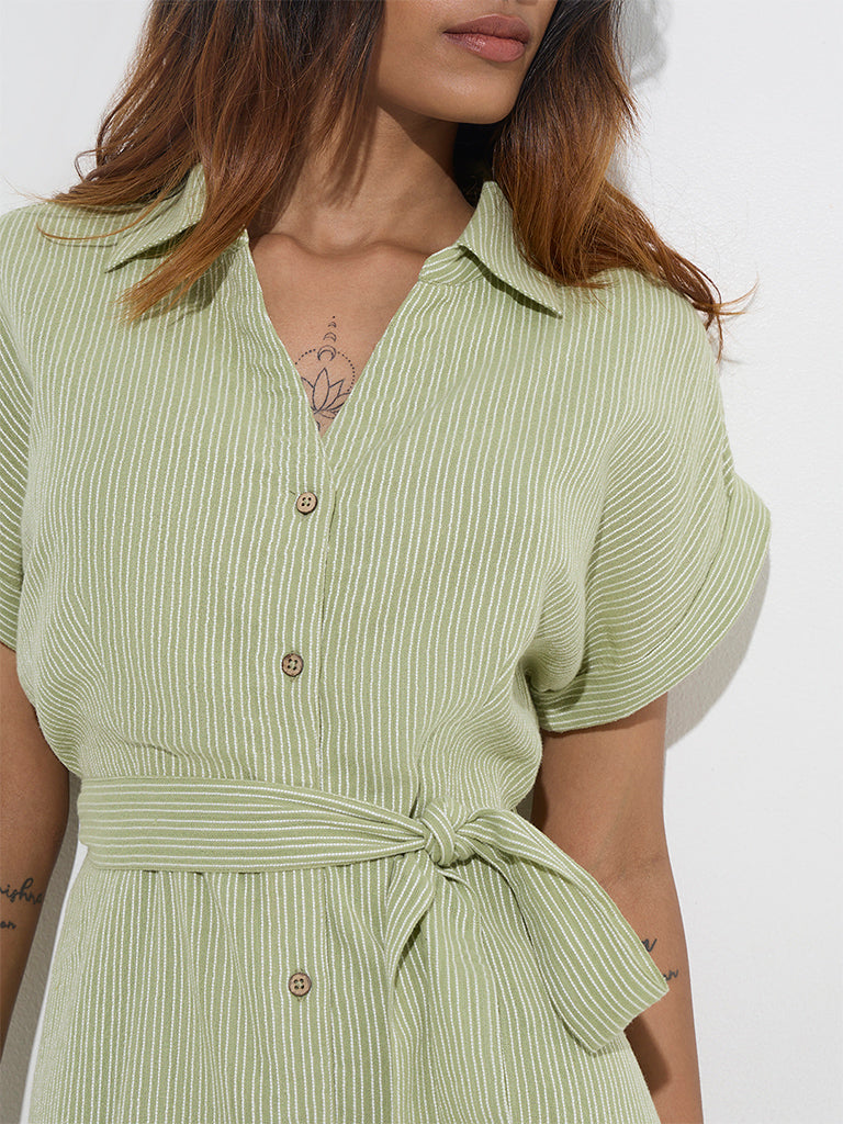 LOV Sage Stripe Patterned Cotton-Blend Shirt Dress - Image 2