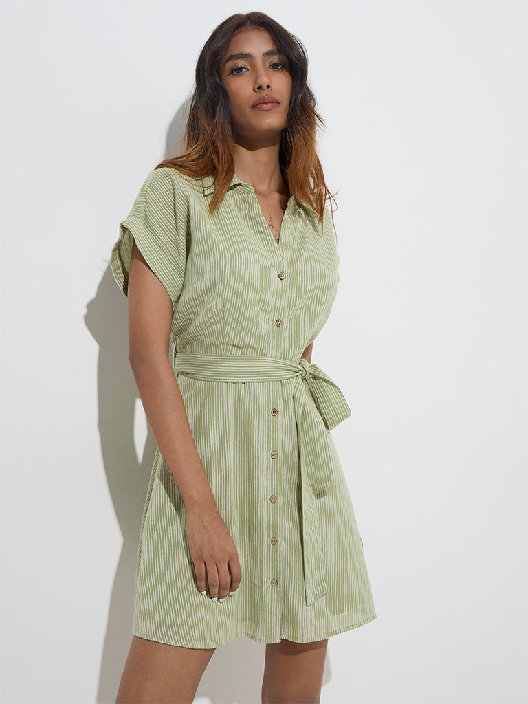 LOV Sage Stripe Patterned Cotton-Blend Shirt Dress - Image 3