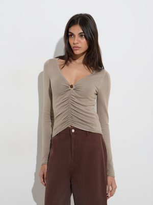 LOV Taupe Ruched Top