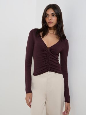 LOV Dark Brown Ruched Top