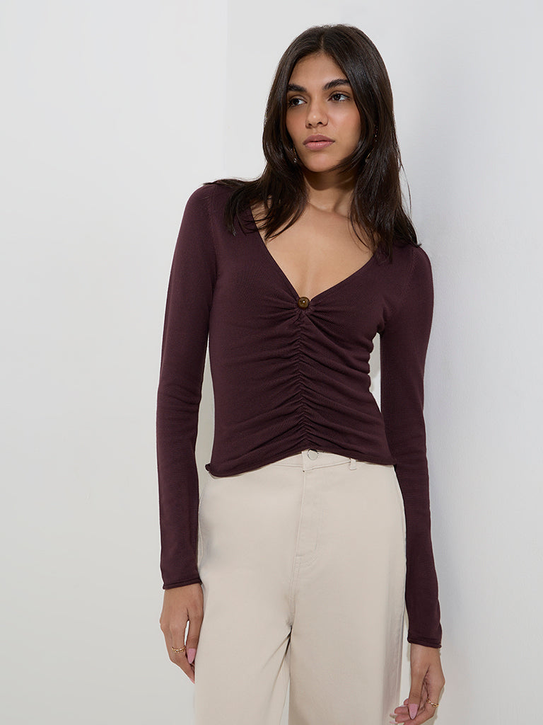 LOV Dark Brown Ruched Top
