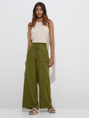 LOV Olive Wide Leg-Fit High-Rise Trousers