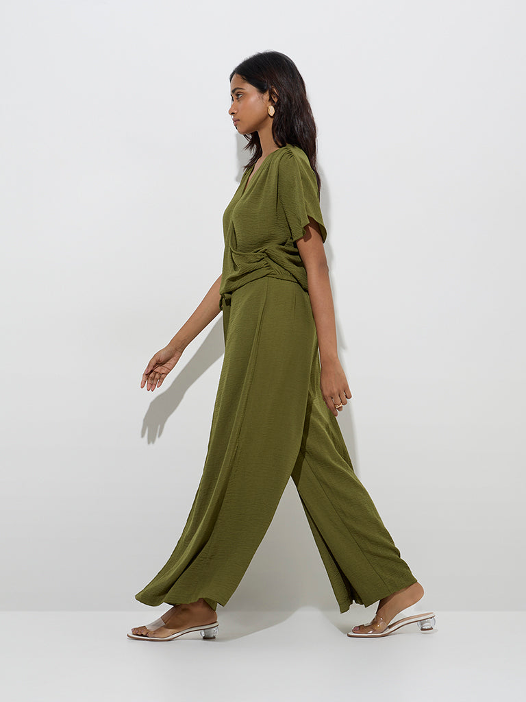 LOV Olive Crinkle-Textured High-Rise Pants