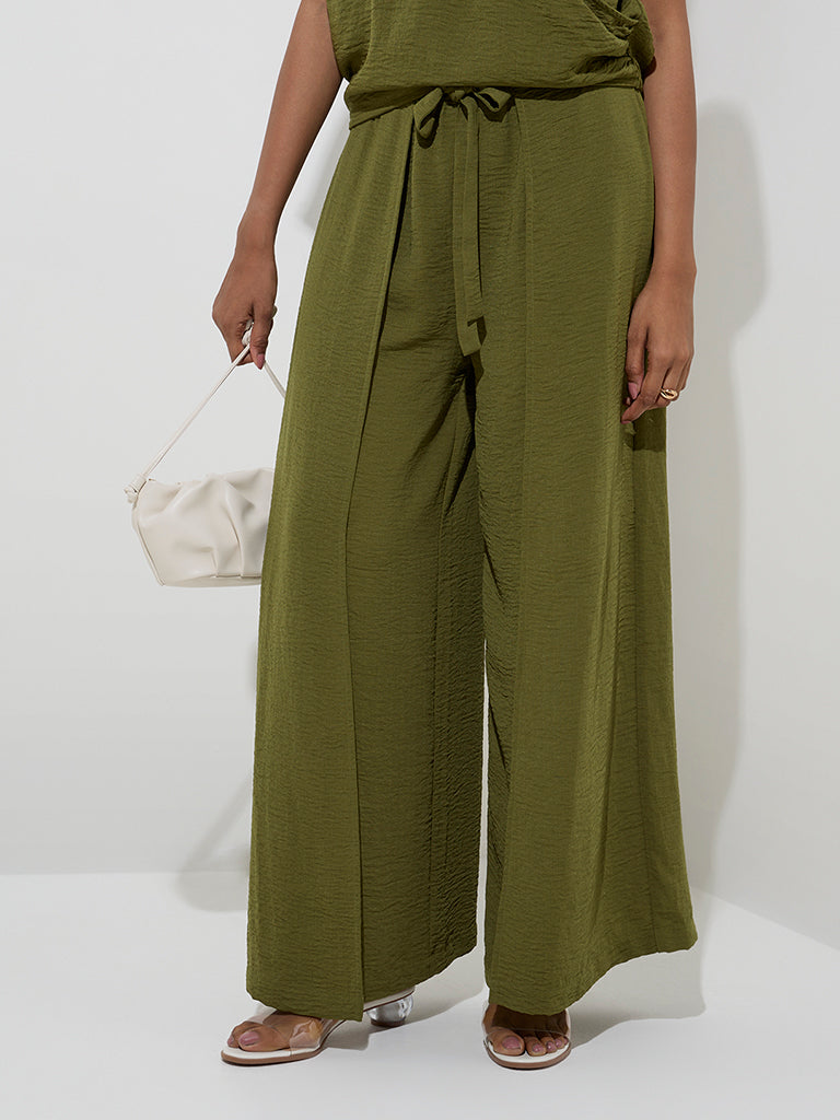 LOV Olive Crinkle-Textured High-Rise Pants - Image 3