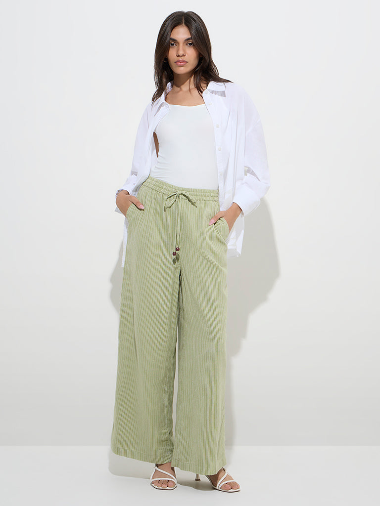 LOV Sage Striped High-Rise Cotton-Blend Pants