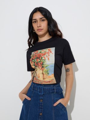 LOV Black Scenic Printed Cotton T-Shirt