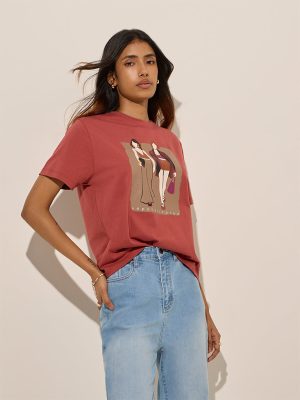 LOV Rust Printed Cotton T-Shirt
