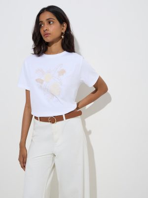 LOV White Floral Embroidered Cotton T-Shirt