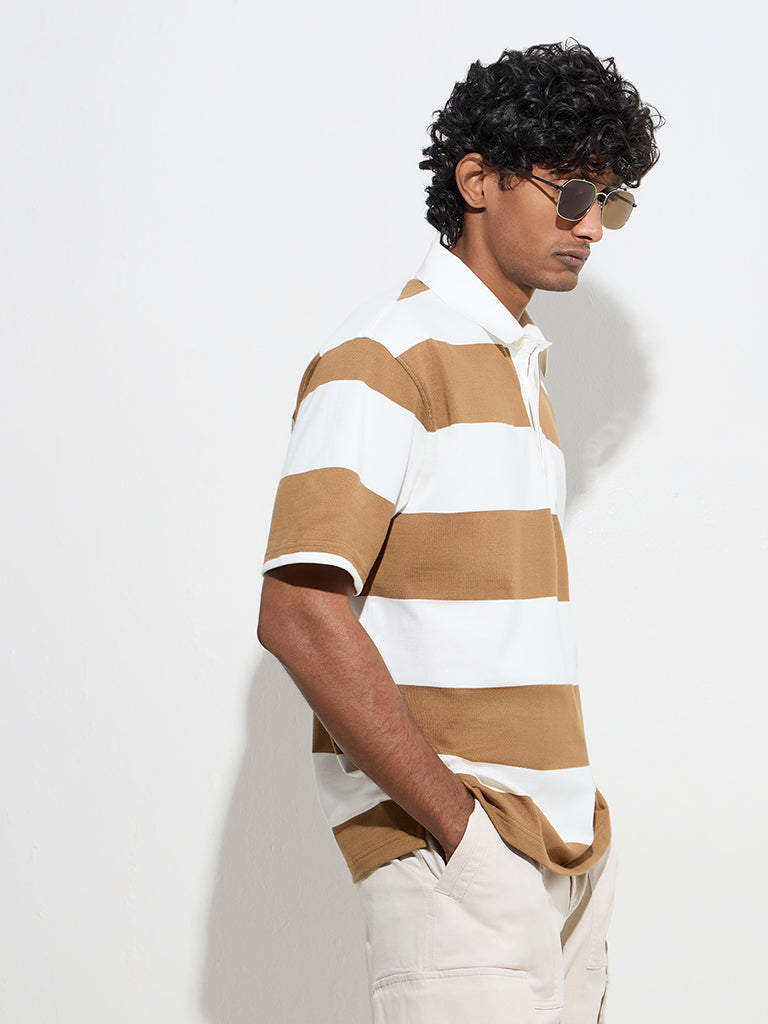 WES Casuals Brown Relaxed-Fit Cotton-Blend Polo T-Shirt