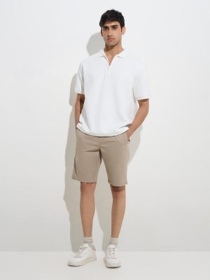 WES Casuals Beige Relaxed-Fit Mid-Rise Cotton-Blend Shorts