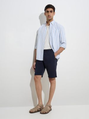 WES Casuals Navy Relaxed-Fit Mid-Rise Cotton-Blend Shorts