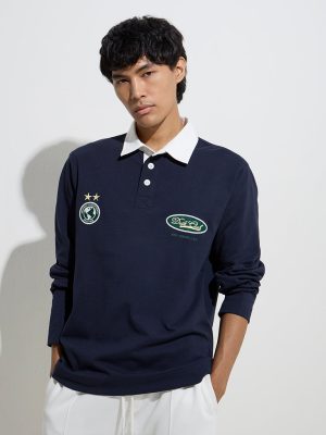 Studiofit Navy Embroidered Relaxed-Fit Cotton-Blend Sweatshirt