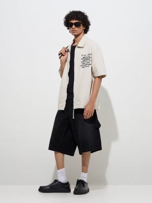 Nuon Off-White Text Design Relaxed-Fit Cotton Jacket