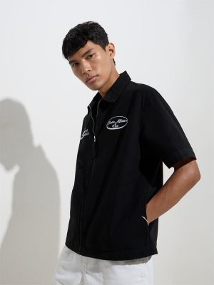 Nuon Black Text Embroidered Relaxed-Fit Cotton Jacket