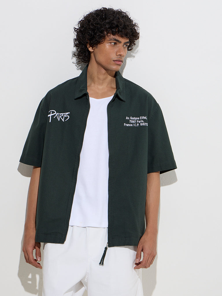 Nuon Dark Green Typographic Relaxed-Fit Cotton Jacket - Image 2