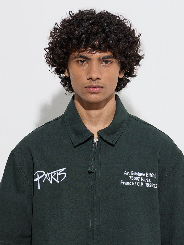 Nuon Dark Green Typographic Relaxed-Fit Cotton Jacket - Image 3