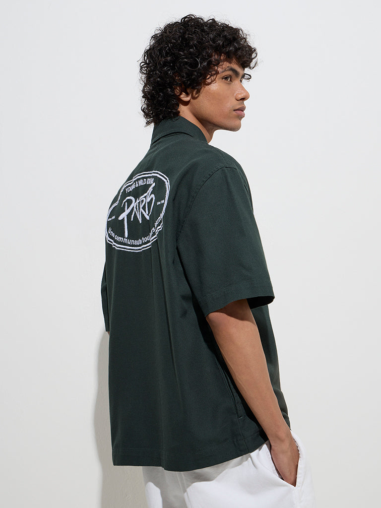 Nuon Dark Green Typographic Relaxed-Fit Cotton Jacket - Image 4