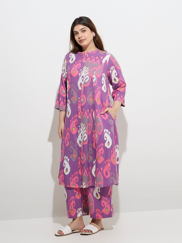 Diza Purple Ikat Printed A-Line Kurta - Image 2