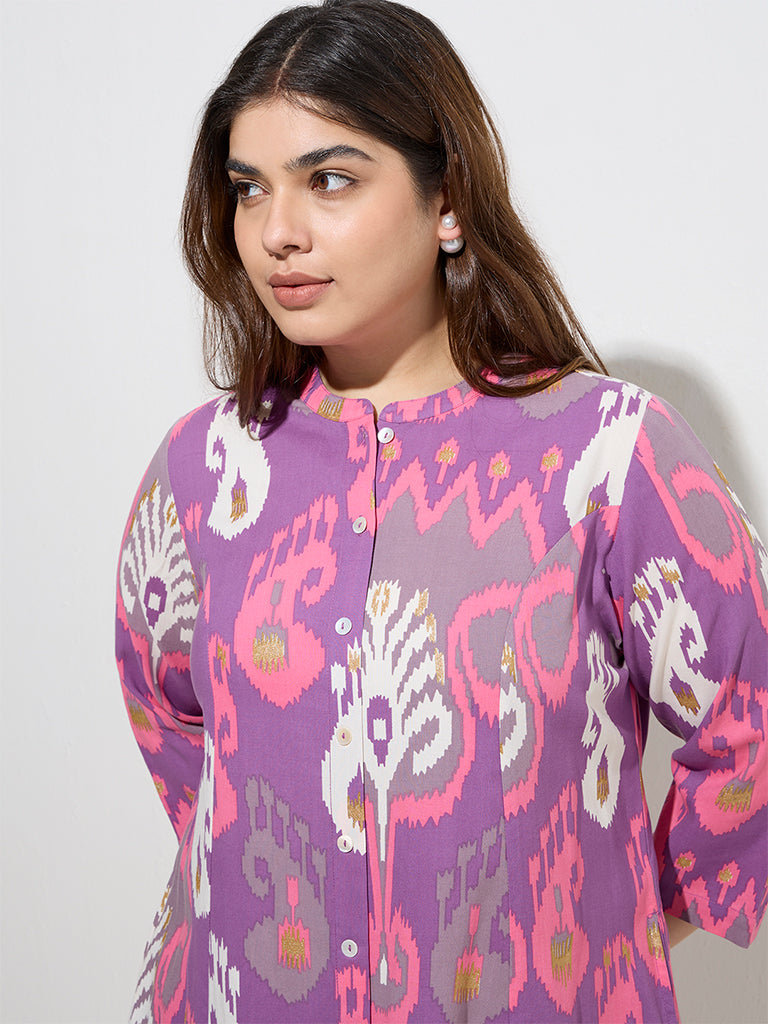 Diza Purple Ikat Printed A-Line Kurta - Image 3