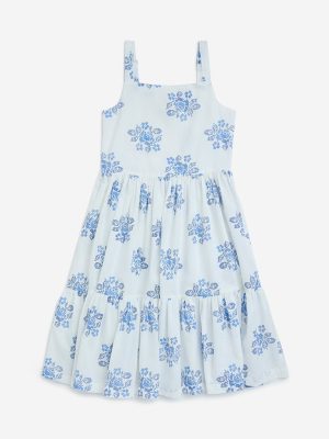 Utsa Kids White Floral Tiered Cotton-Blend Dress - (8-14yrs)