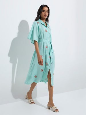 Utsa Aqua Floral Design Cotton-Blend Shirt Dress with Belt