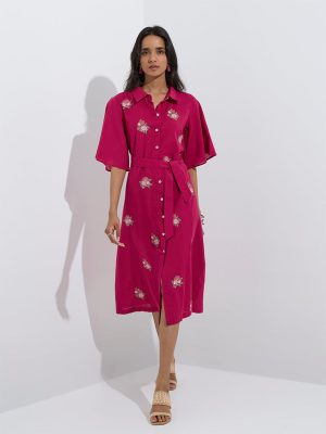 Utsa Pink Embroidered A-Line Cotton-Blend Dress with Belt