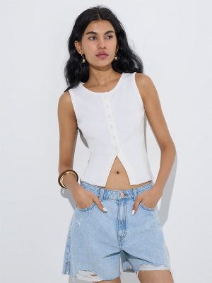 Nuon White Ribbed-Textured Top
