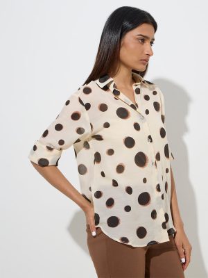 Wardrobe Beige Polka Dots Design Shirt with Camisole
