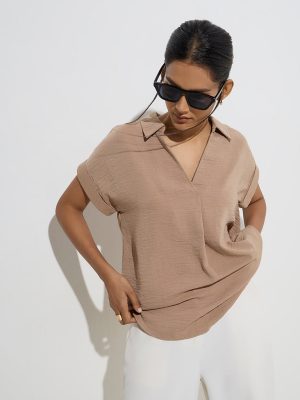 Wardrobe Light Brown Crinkle-Textured Top