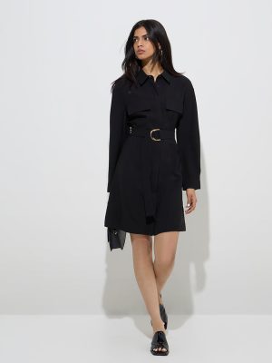 Wardrobe Black Solid Shirt Dress with Belt