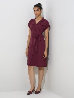 Wardrobe Maroon Solid Shirt Dress with Belt
