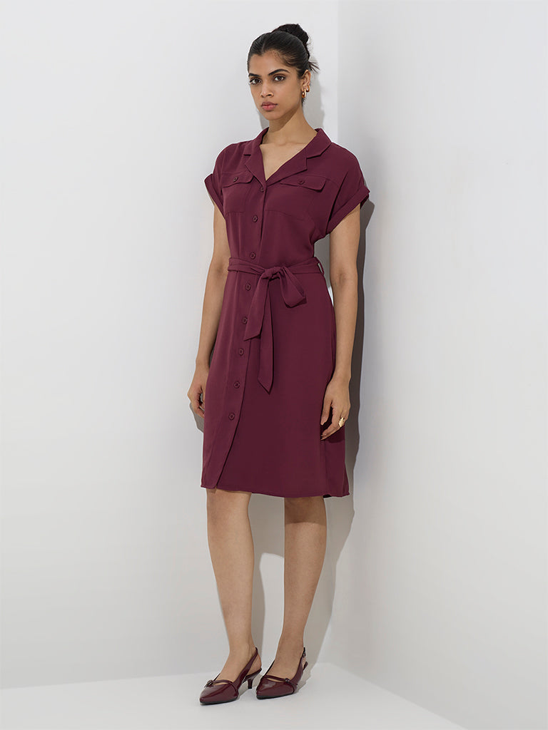 Wardrobe Maroon Solid Shirt Dress with Belt