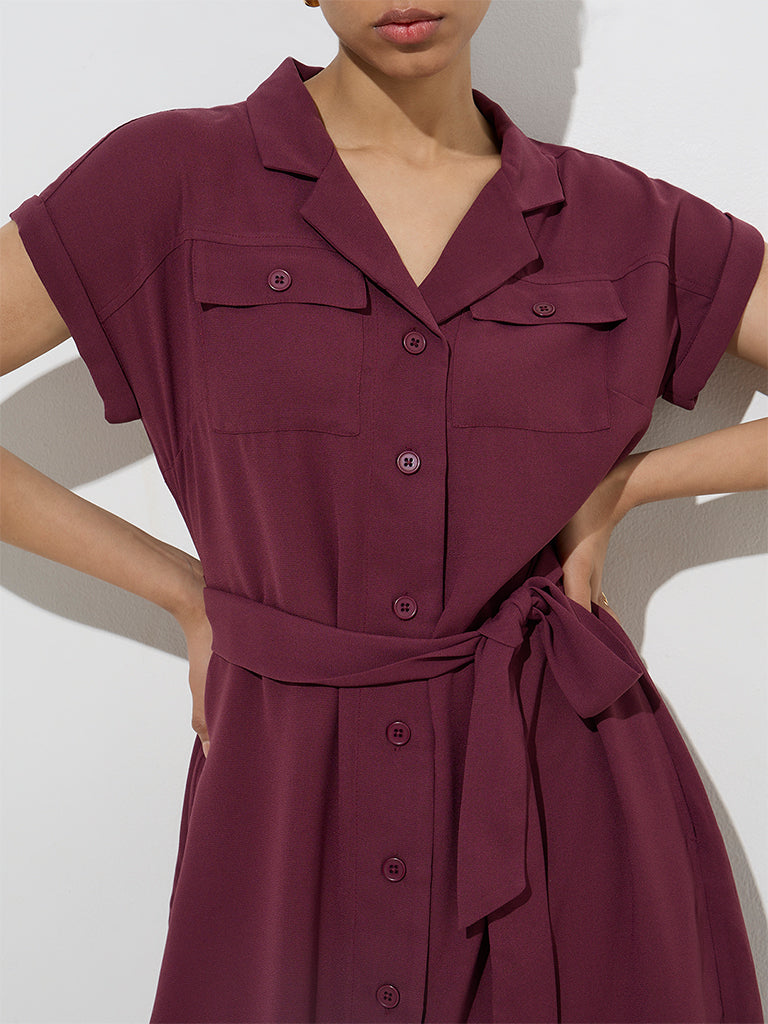 Wardrobe Maroon Solid Shirt Dress with Belt - Image 2